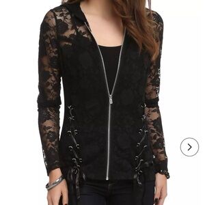 Royal Bones Black Floral Lace Zip Hoodie with Side Lace-Up